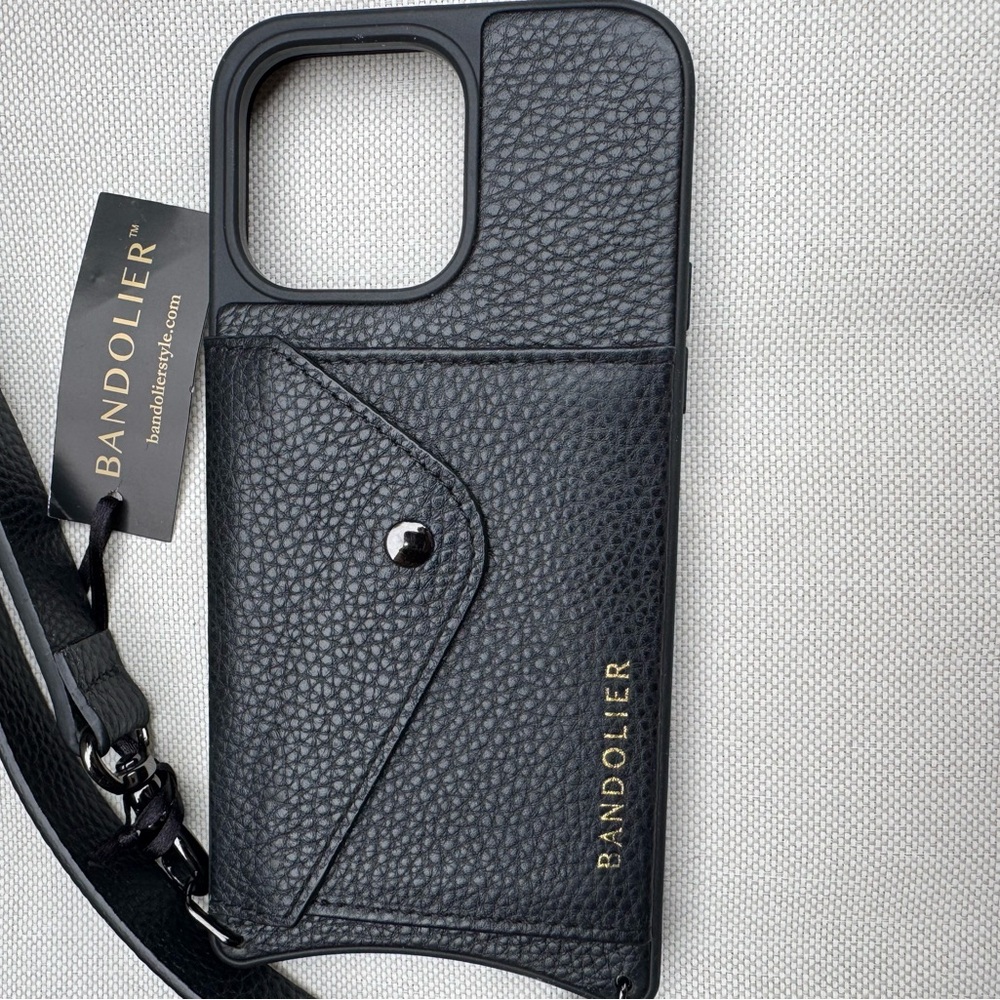 Bandolier Black Pebbled Leather Crossbody Phone Wallet with Gold Logo